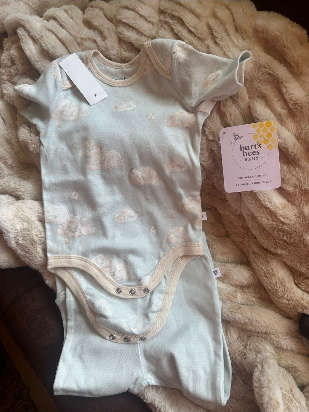Burt's Bees Baby Light Blue Cloud Print Bodysuit Set with Cream Trim